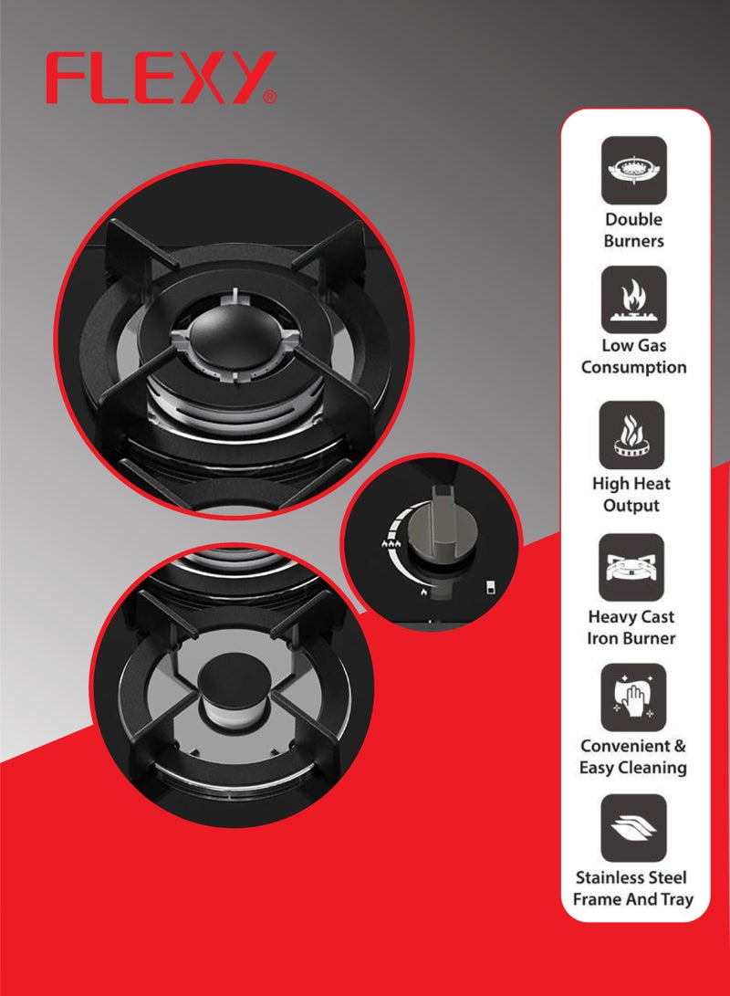 فليكسي موقد غاز زجاجي مدمج، شعلتان بزجاج 8 مم، شعلات من الحديد الزهر، حرارة عالية، استهلاك منخفض للغاز، إشعال تلقائي، سهولة التنظيف، ضمان لمدة عامين - Image 5